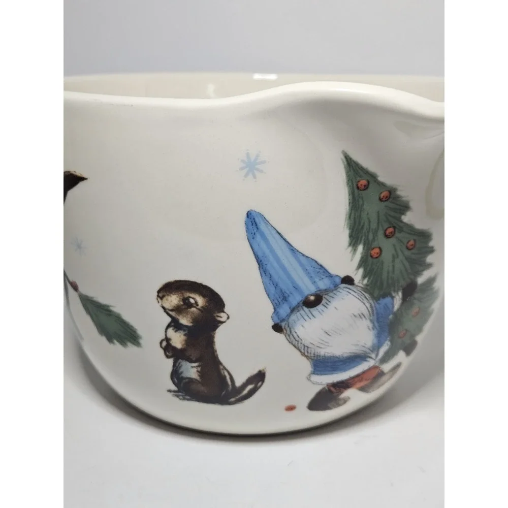 Christmas Bird Gnome Ceramic Batter Bowl Spout Faux Twig Handle Holiday Time 2Qt
